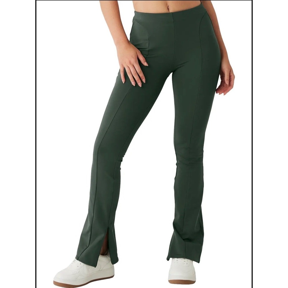 Alo Yoga High-Waist 7/8 Zip‎ It Flare Ankle Zip Leggings Green Dark Cactus XS